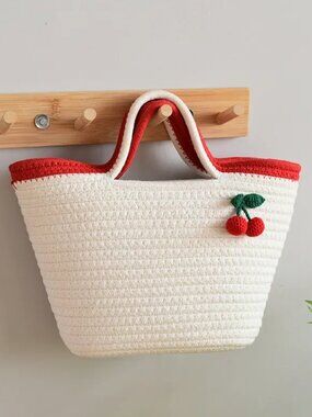 White Cotton Cherry Tote Bag Handwoven Small Cottagecore Beach Coastal Purse NEW
